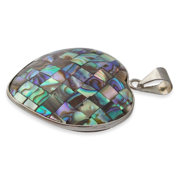 Abalone Shell Puffed Heart Necklace Pendant Checkerboard Inlay Silver Tone - Picture 2 of 3
